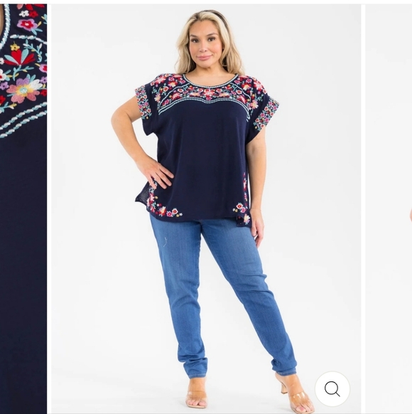 Savanna Jane Tops - Savanna Jane Navy Top with Colorful Floral Embroidery